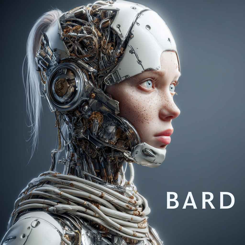 Female portrait of Bard AI, an elegant futuristic guide